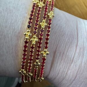 Elegant Gold Tone and Red Bracelet Bangles, Set of 4, Thin